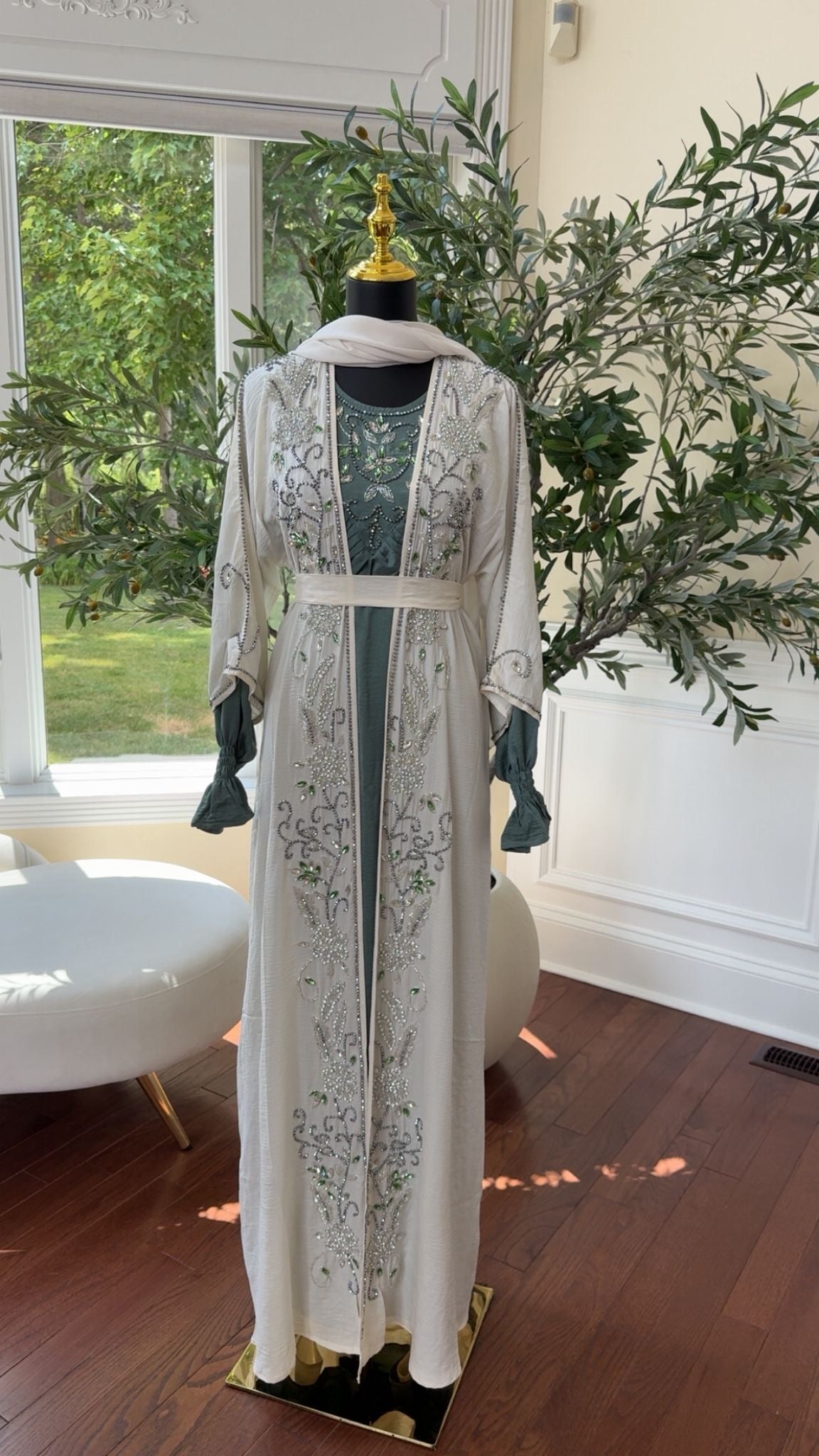 White Two Piece Beaded Abaya