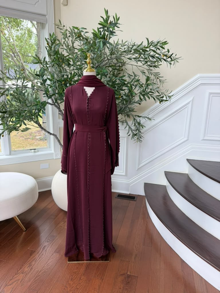 Burgundy Elegance Beaded Charm Abaya