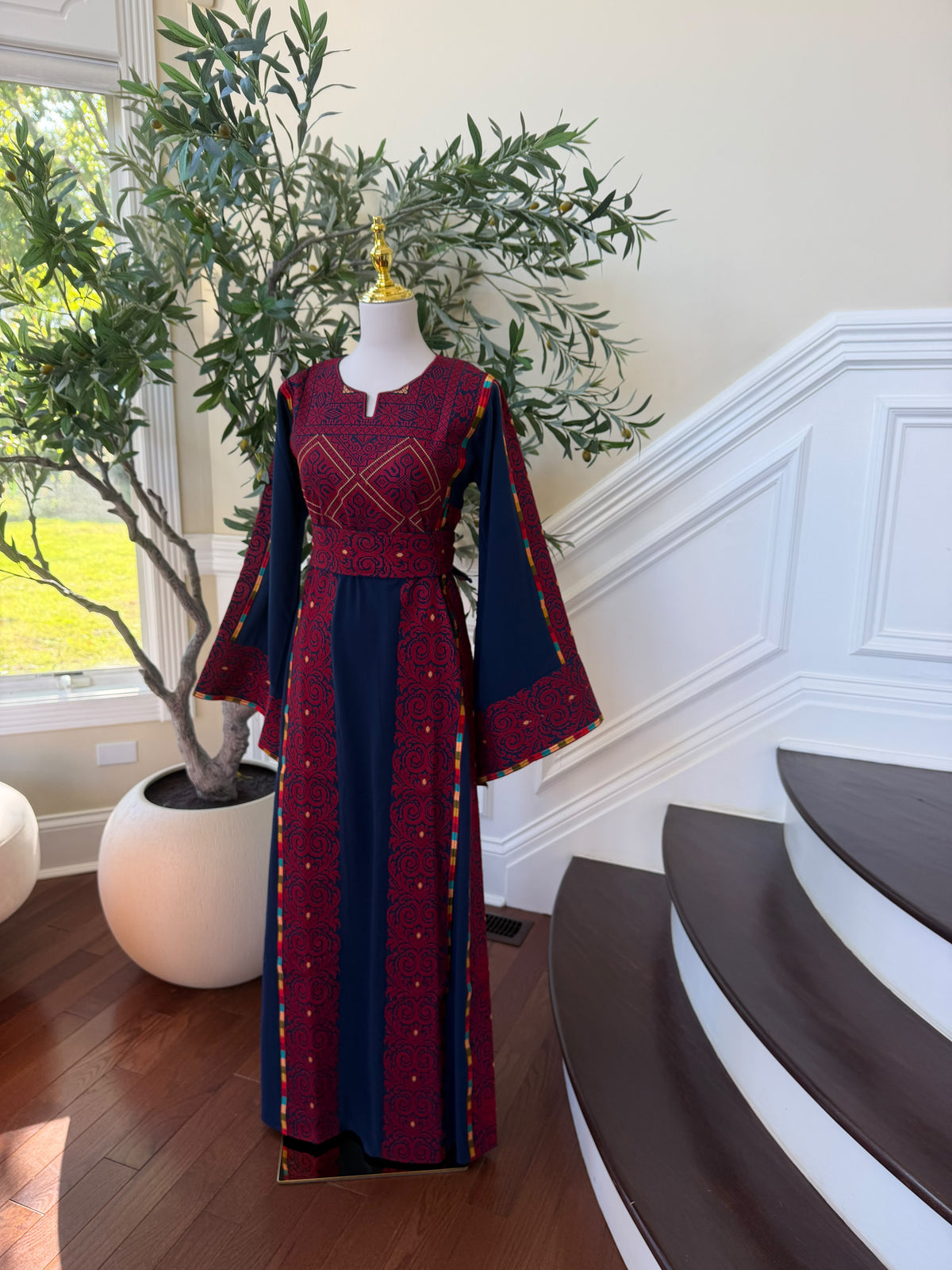 Elegant Navy & Red Embroidered Palestinian Thobe Dress