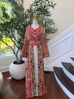 Beige Embroidery Embellished Tatreez Floral Sabal Kharaz Thobe