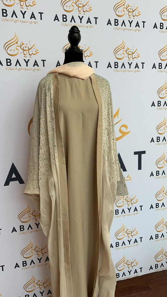 Elegant Beige Sparkled Abaya Set with Coordinating Hijab#8097628