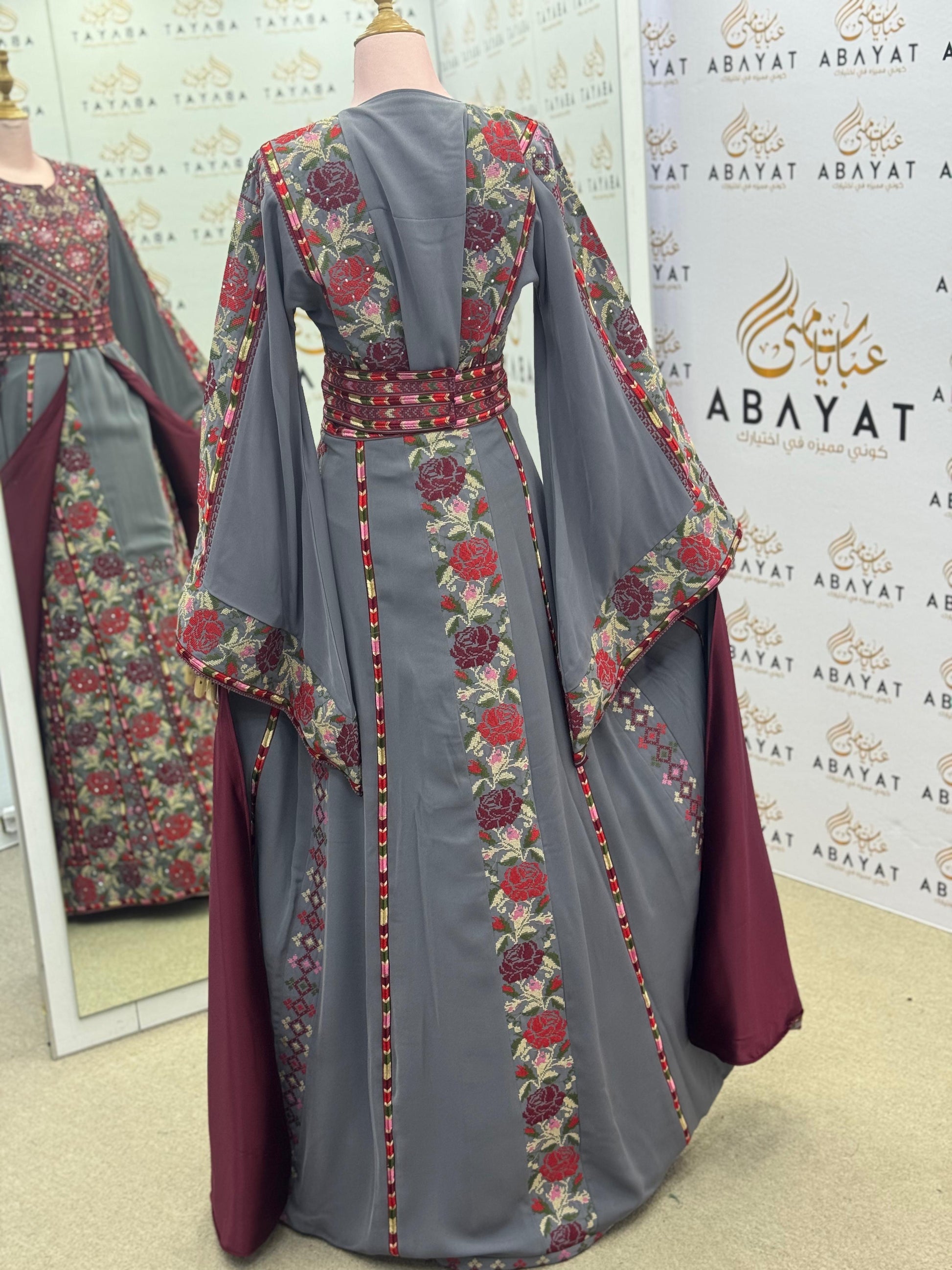 Elegant Grey & Burgundy Palestinian Embroidered Thobe – Floral Tatreez with Wide Sleeves”