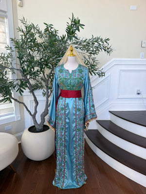 Elegant Sky Blue Satin Thobe with Intricate Green and Pink Floral Embroidery, Burgundy Belt(scarf not included)
