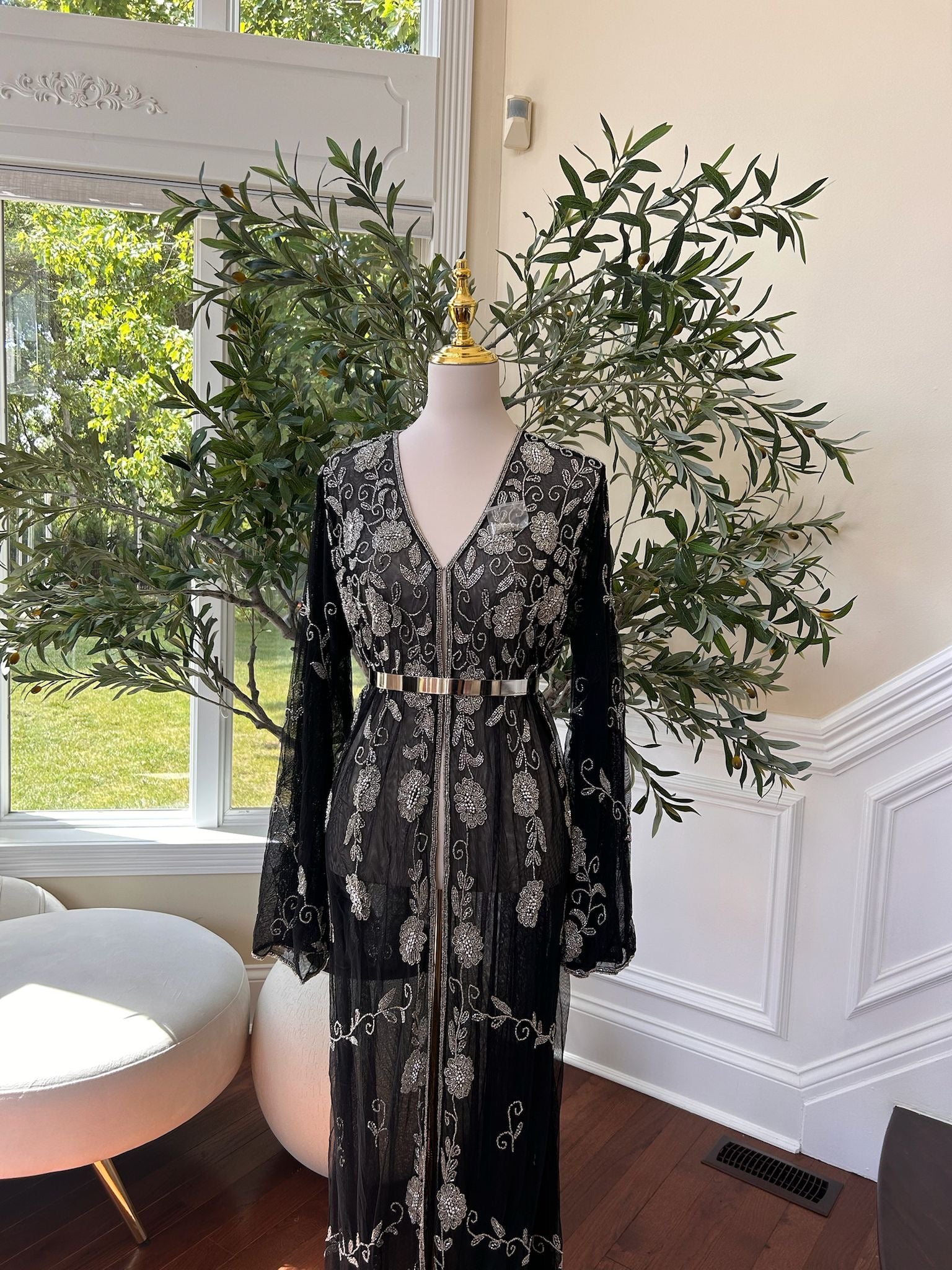 Black Silver Floral Beaded Stone Cardigan Abaya