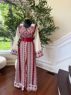 White Traditional Embroidery Red Tatreez Thobe