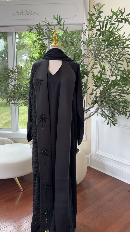 Black Serenity Abaya – Feather Accent with Beaded Floral