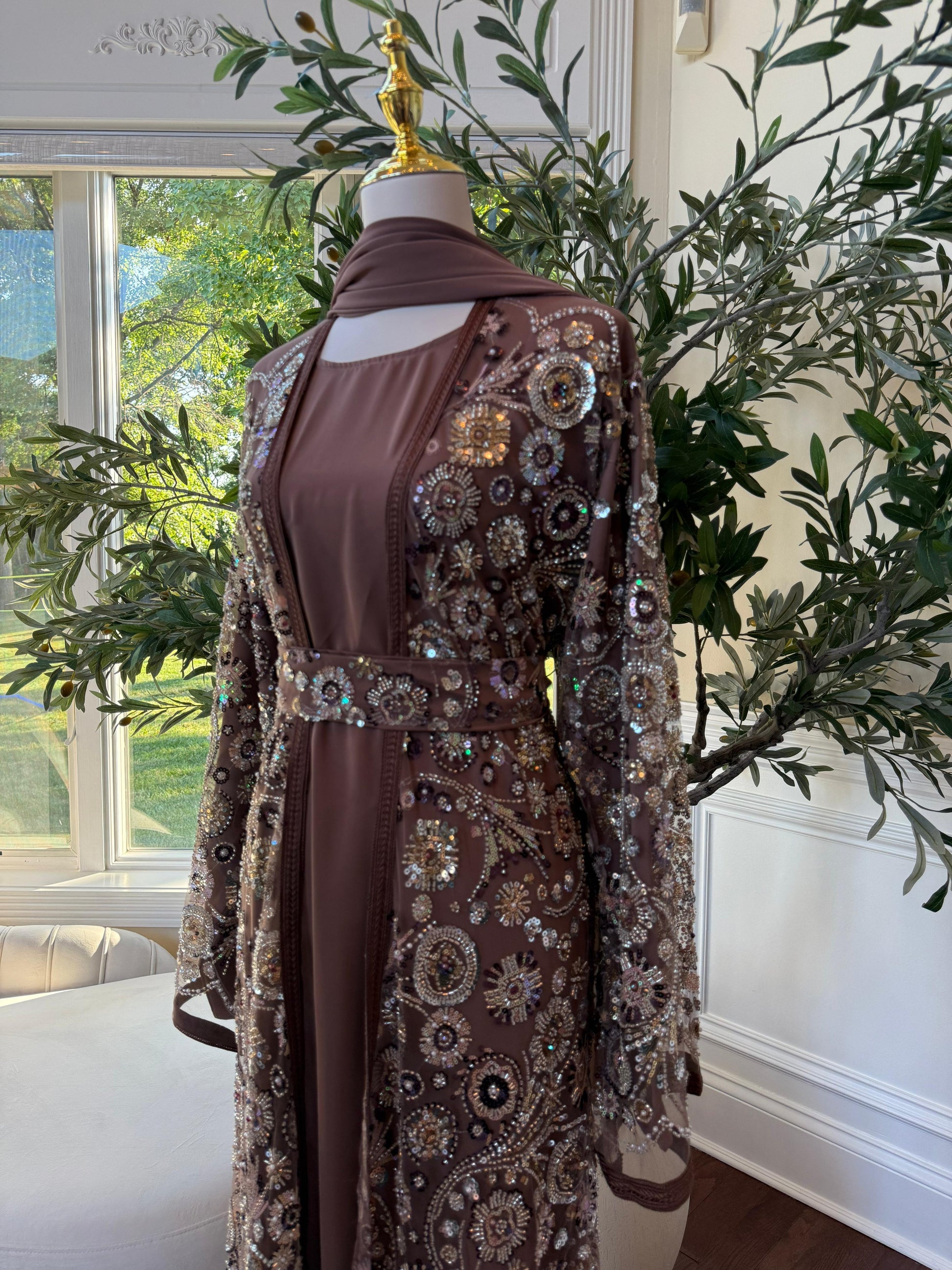 Mocha Crystal Sequin Abaya
