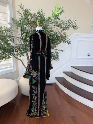 Elegant Black Velvet Thobe with Multicolor Floral Embroidery(scarf not included)