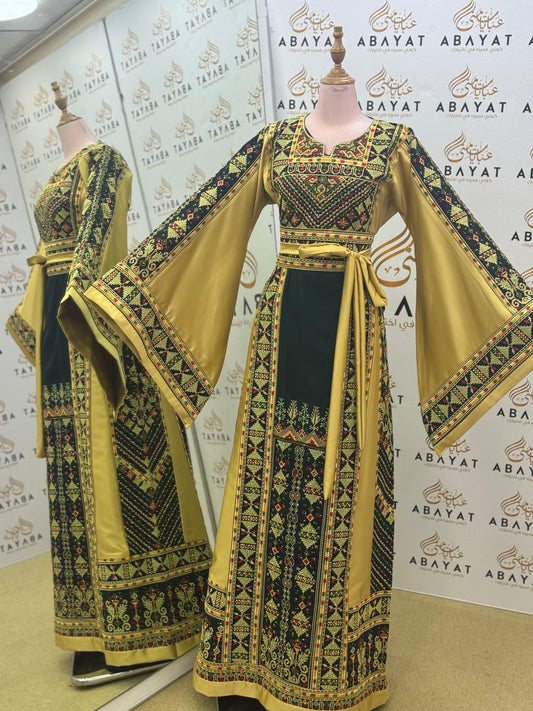 Luxury Palestinian Embroidered Thobe – Mustard Gold Traditional Design