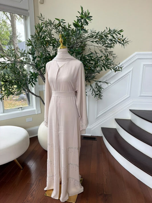 Cream Elegance Beaded Charm Abaya