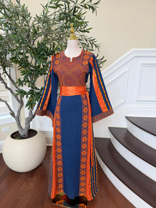 Navy Blue Embroidery Tatreez Orange Thobe