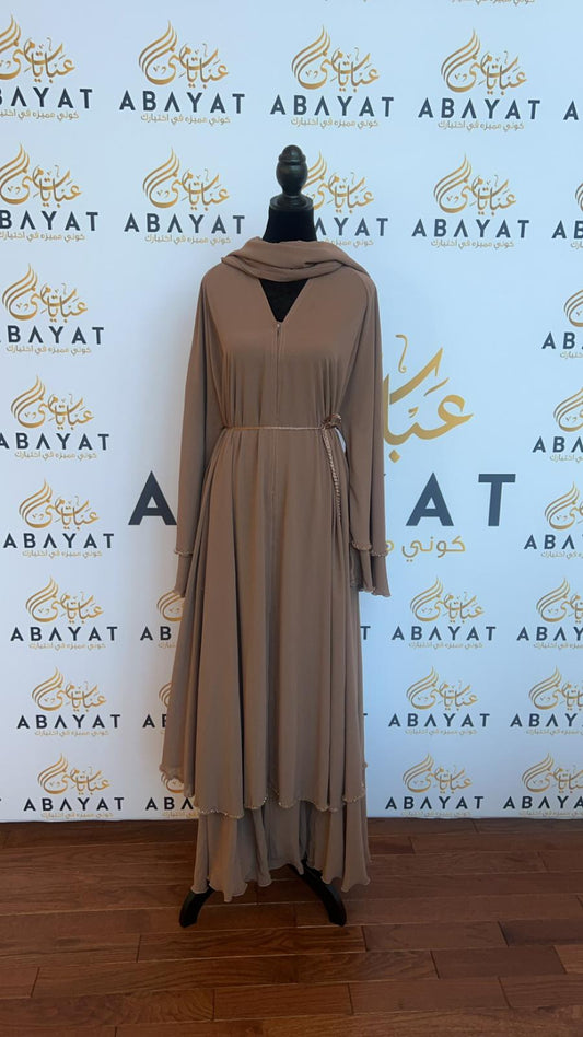 Rose Brown Ruffled Stones Abaya