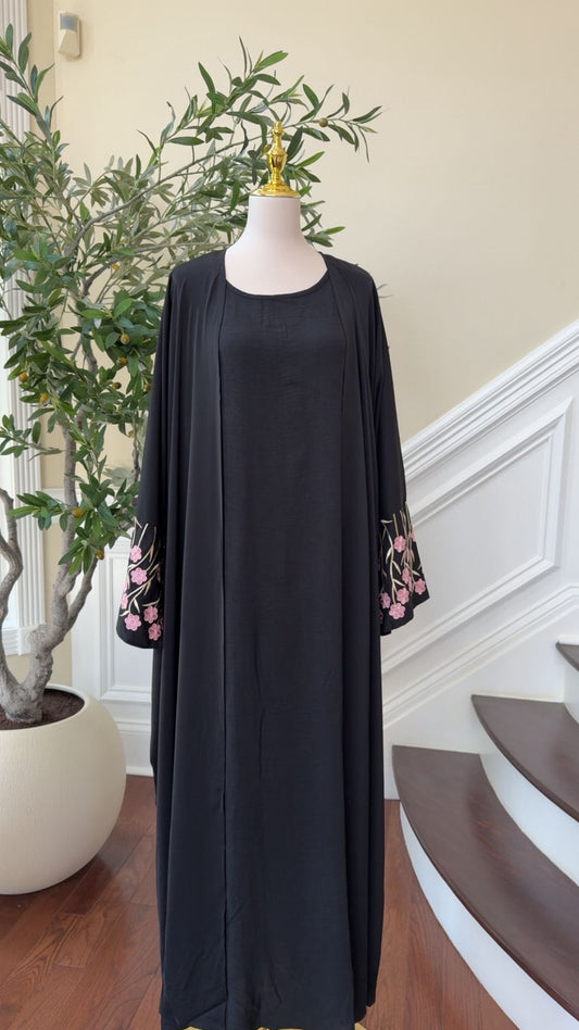 Black Two-Piece Abaya with Pink Floral Sleeve Embroidery #1051