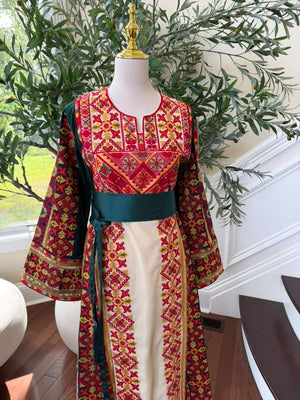 Cream Embroidery Tatreez Green Sabal Kharaz Thobe