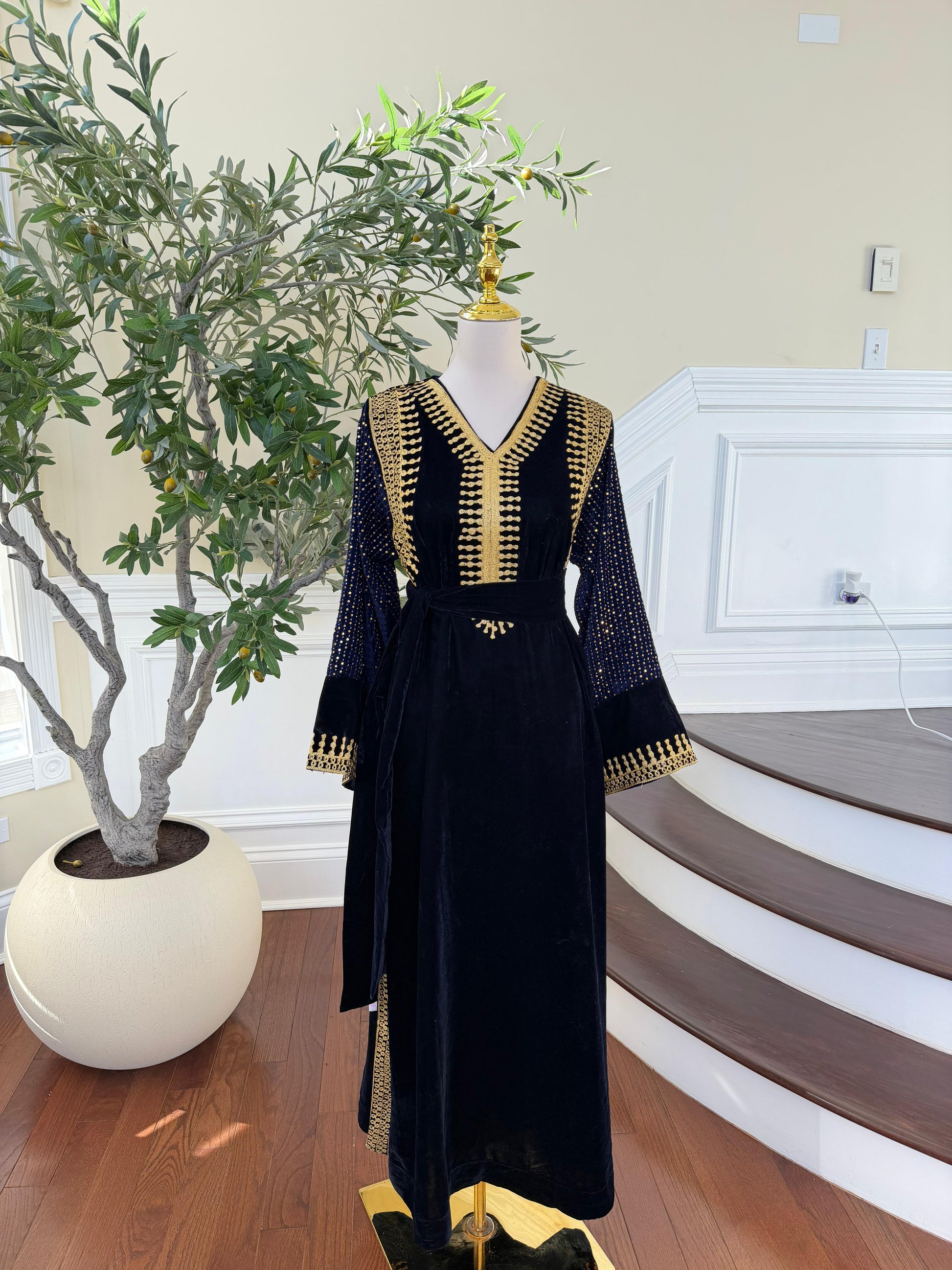 Navy Blue Velvet Celestial Gold Dress