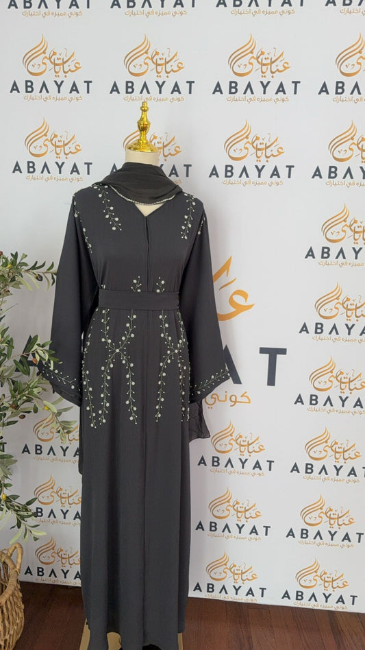 Ethereal Grey Abaya with Vine Detailing