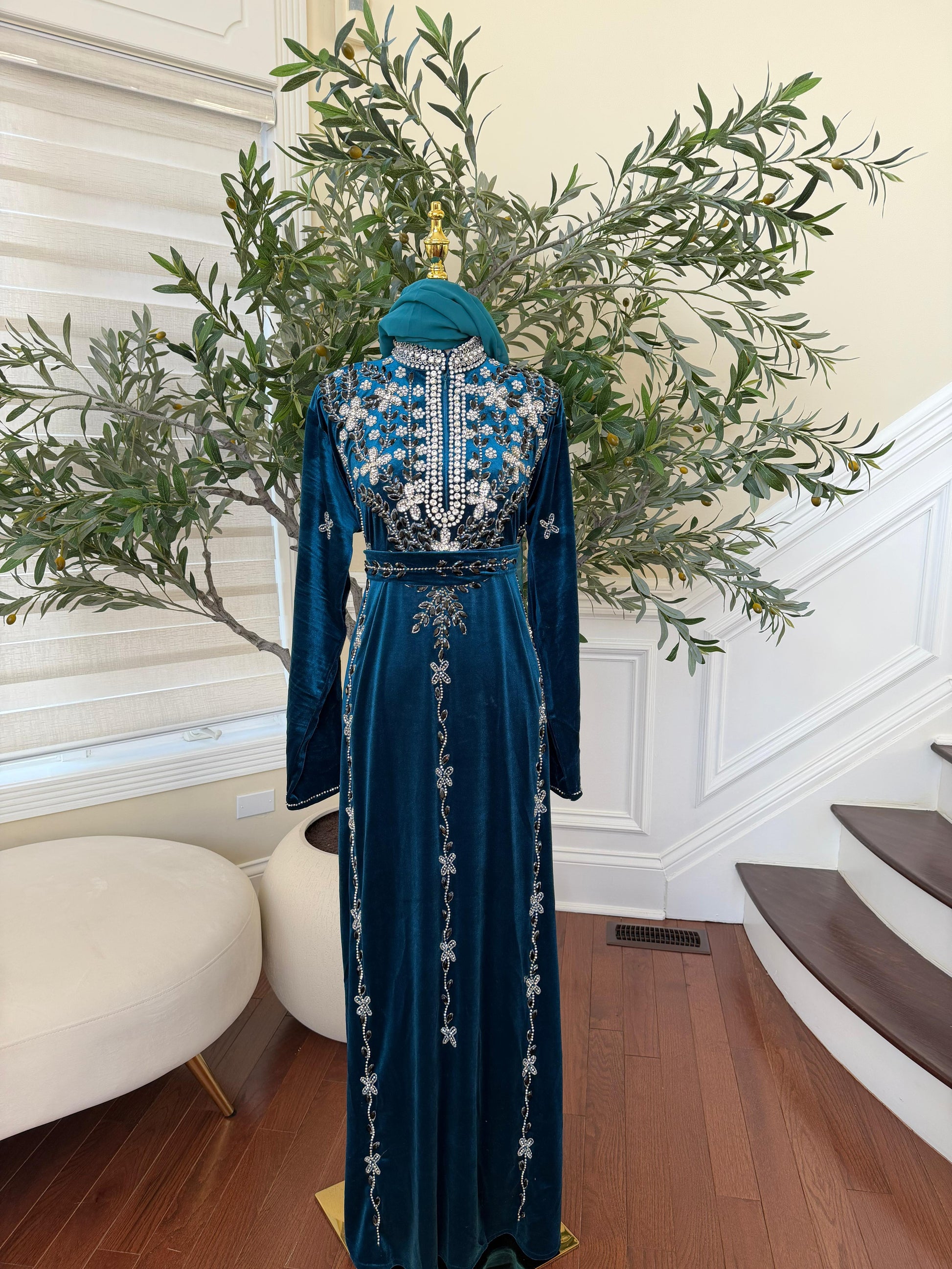 Turquoise Crystal Velvet Design Elegance Abaya