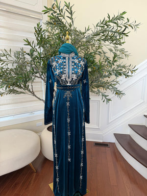 Turquoise Crystal Velvet Design Elegance Abaya