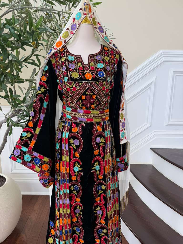 Luxury Bridal Palestinian Thobe with Embroidery Tatreez, Hand Beading & Detachable Overskirt on Rich Velvet Fabric