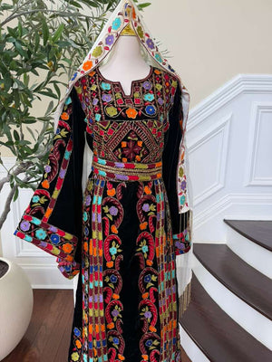 Luxury Bridal Palestinian Thobe with Embroidery Tatreez, Hand Beading & Detachable Overskirt on Rich Velvet Fabric
