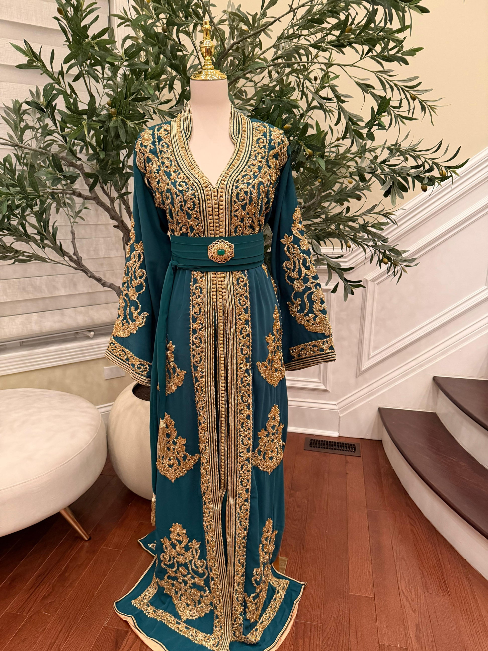 Deep Teal Kaftan Featuring Intricate Gold Detailing