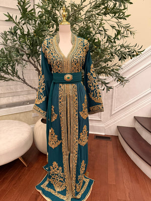 Deep Teal Kaftan Featuring Intricate Gold Detailing