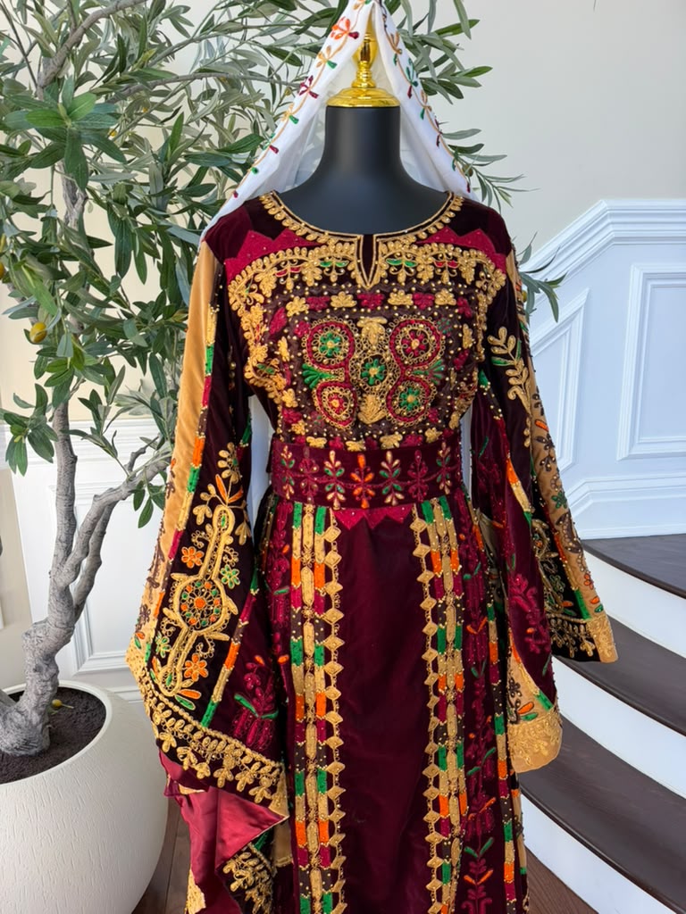 Burgundy Velvet Embroidery Tatreez Thobe