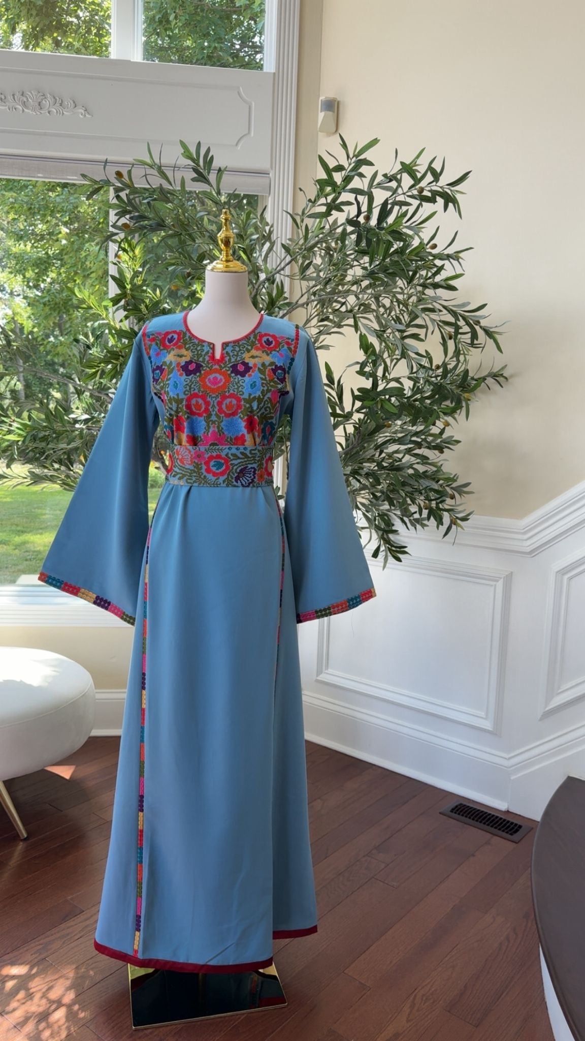 Blue Elegance with Traditional Floral Embroidery