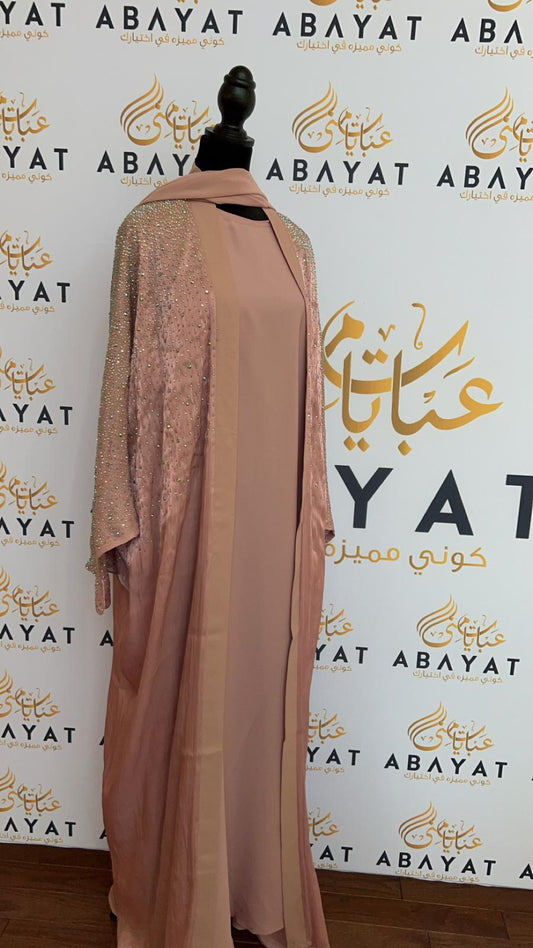 Elegant Blush Pink Sparkled Abaya Set with Coordinating Hijab #8097623