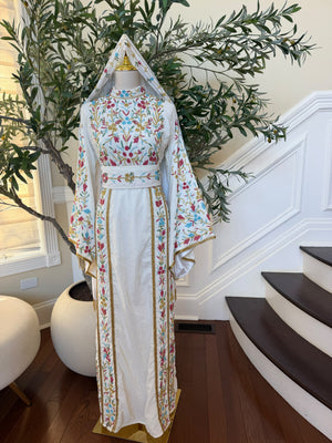 Elegant White Floral Embroidered Palestinian Thobe with Gold Detailing(scarf not included)
