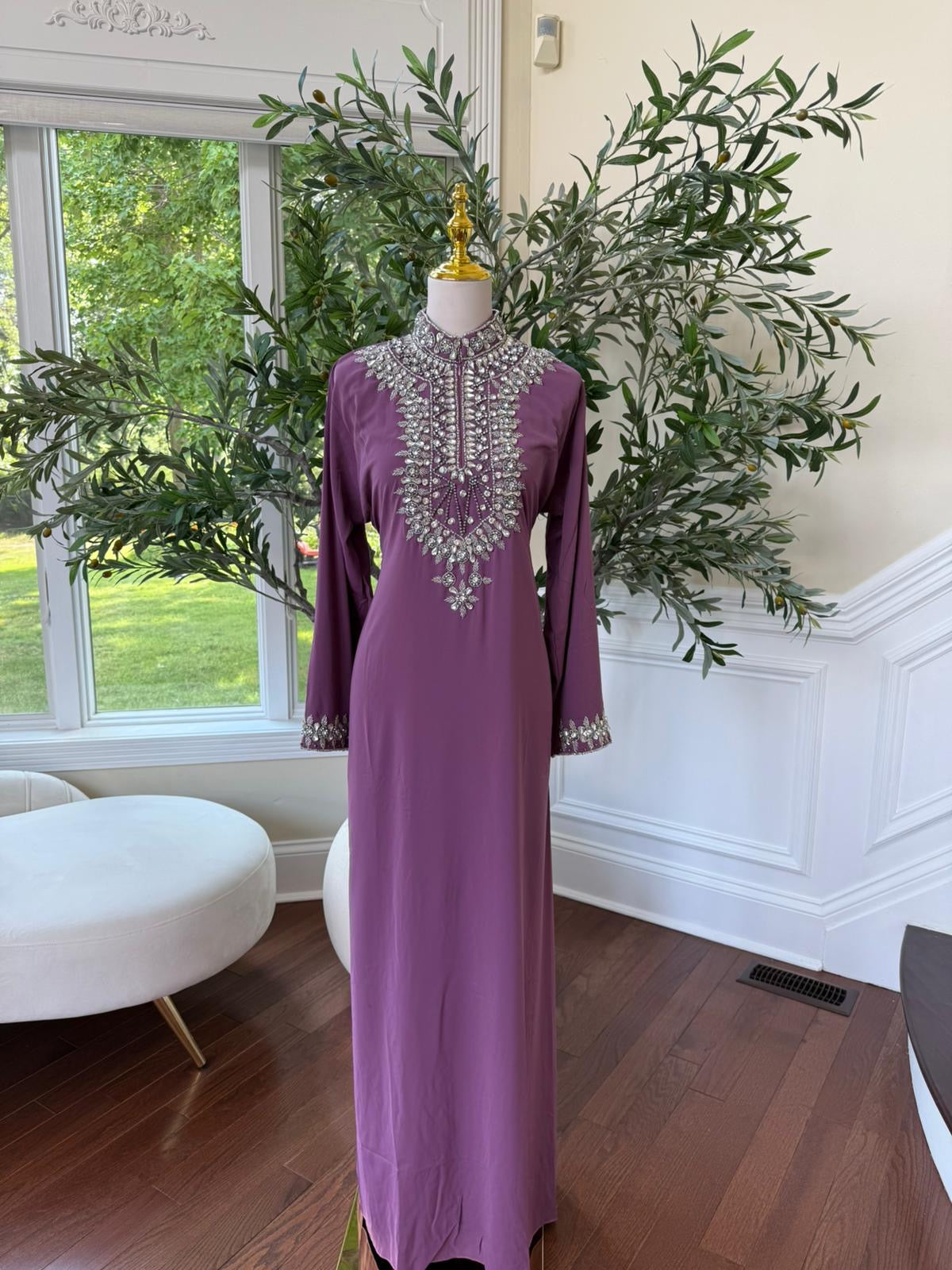 Royal Pink  – Modest Kaftan with Handcrafted Crystal Neckline