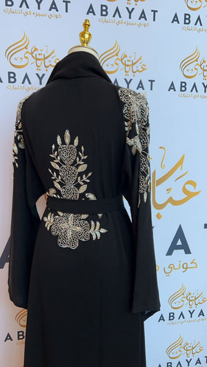 Black Nada Fabric Floral Sleeve Abaya