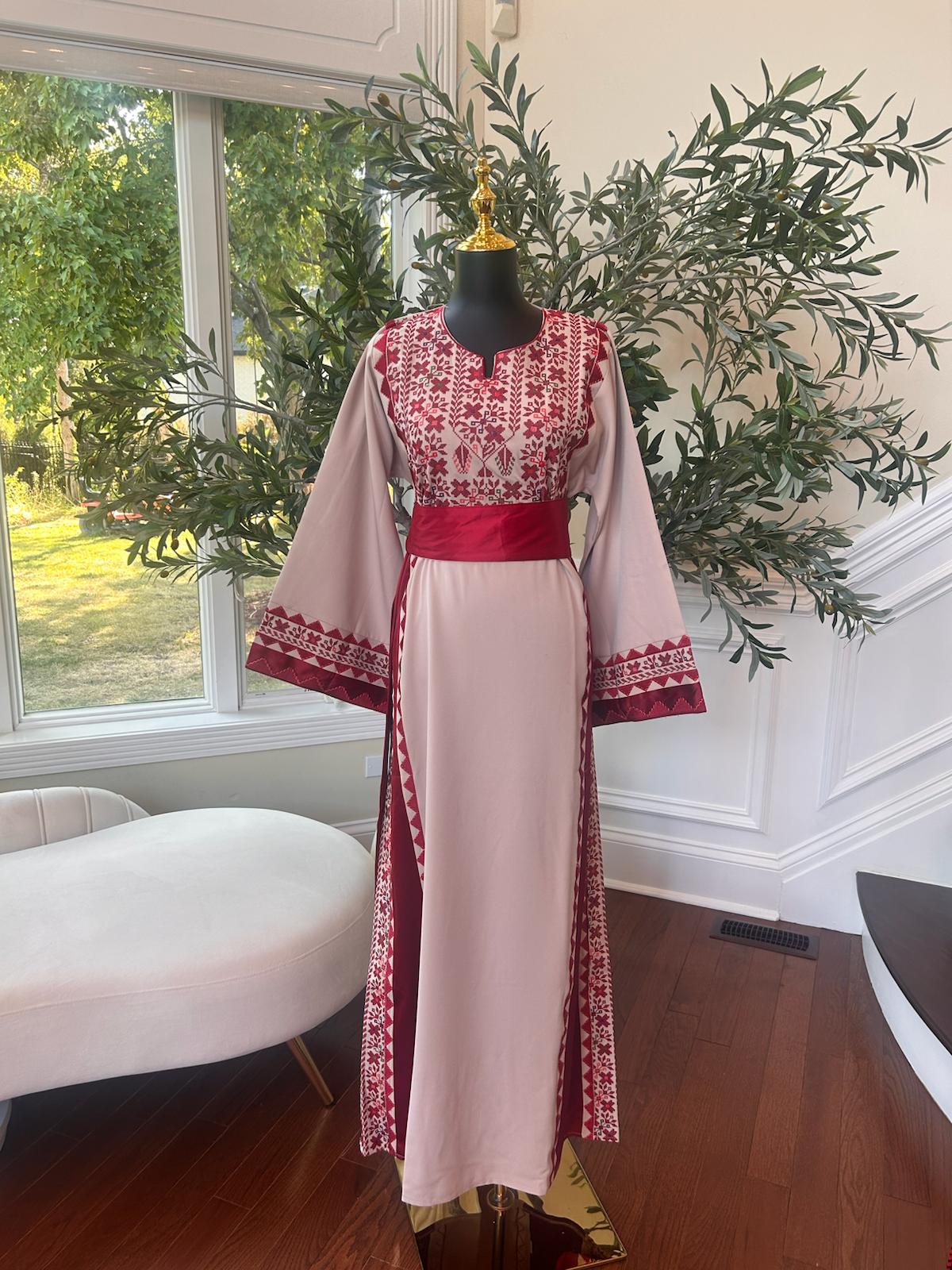 Cream Embroidery Red Detail Tatreez Thobe