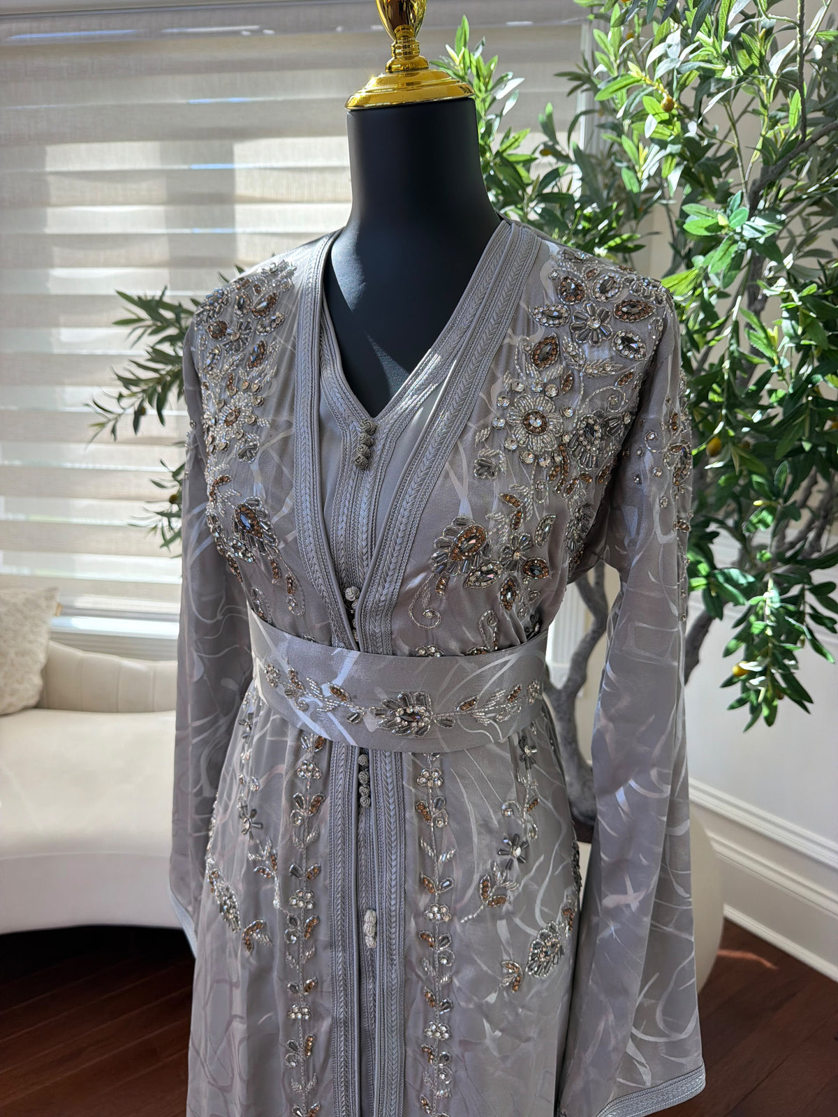 Elegant Silver Gray Embroidered Moroccan Kaftan
