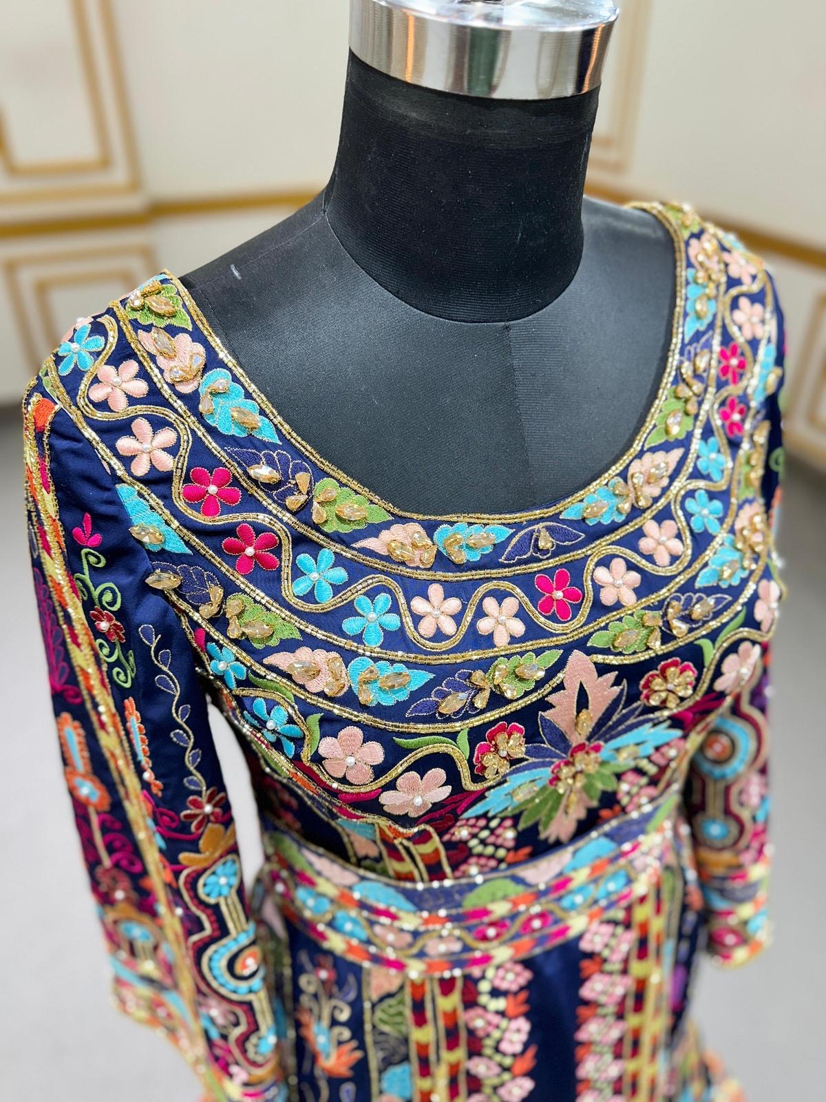 Elegant Floral Blue Stone Thobe Dress