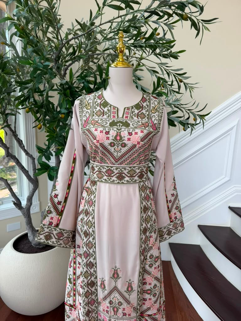 Cream Embroidery Green Tatreez Thobe