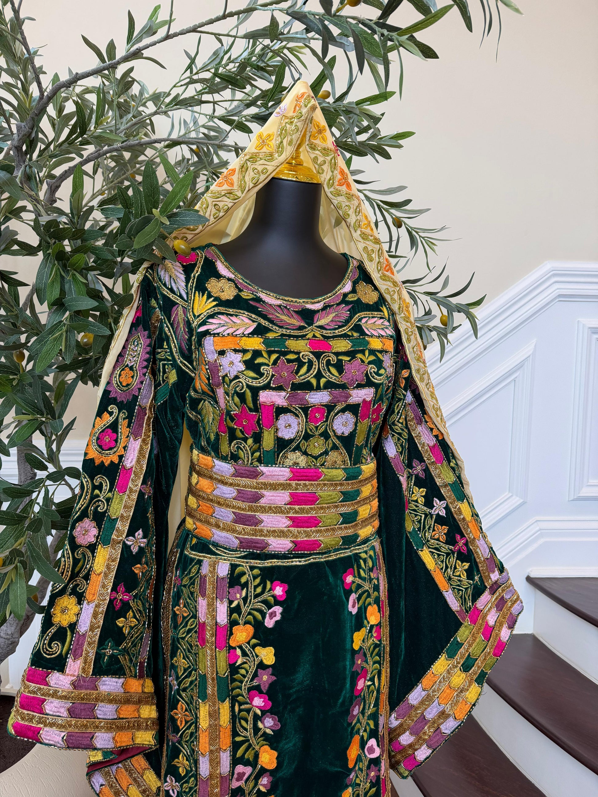 Green Velvet Beaded Stone Thobe