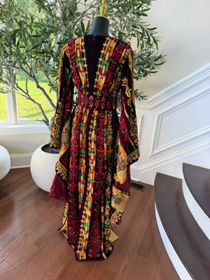 Burgundy Velvet Embroidery Tatreez Thobe