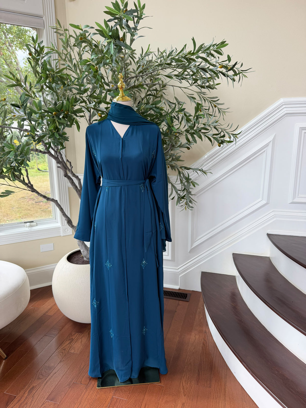 Turquoise Nada Fabric Charm Beaded Elegance Abaya