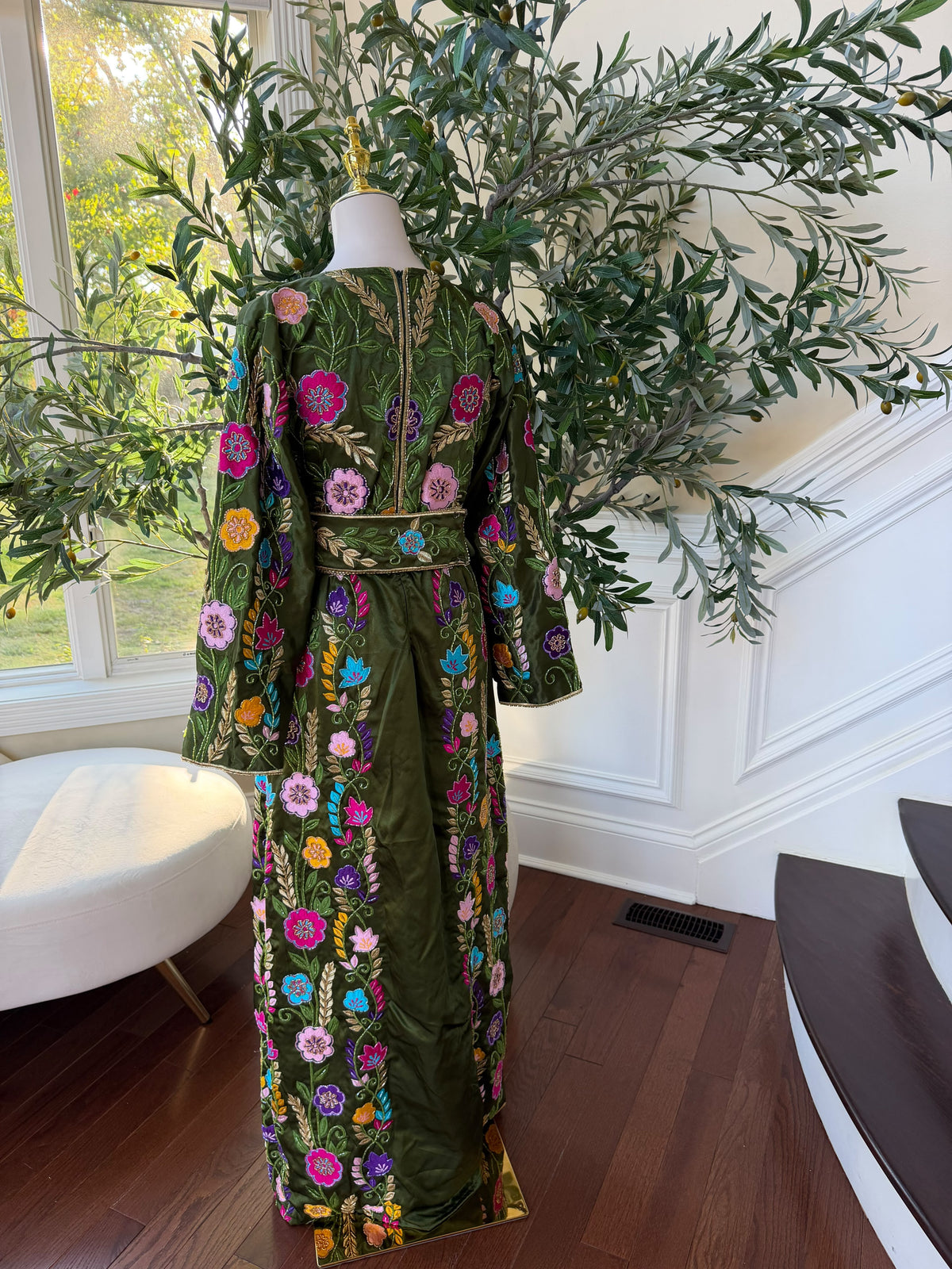 Olive Green Palestinian Stone Thobe with Vibrant Multicolor Floral Embroidery(scarf not included)