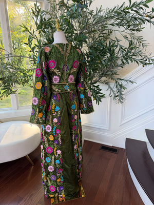 Olive Green Palestinian Stone Thobe with Vibrant Multicolor Floral Embroidery(scarf not included)