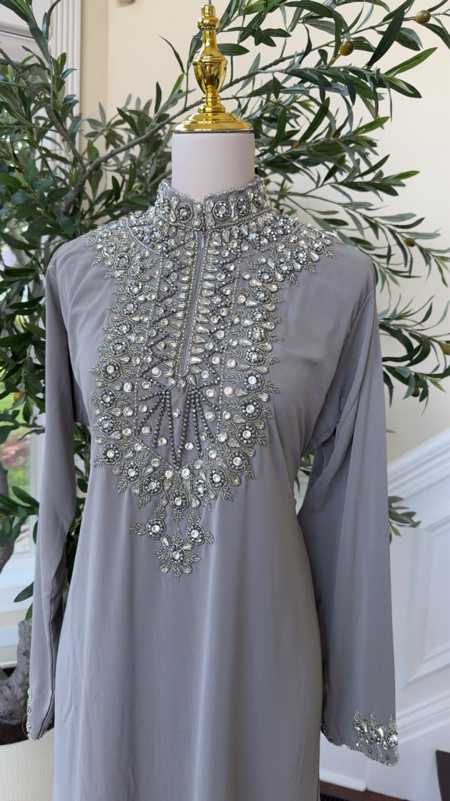 Grey Pearl – Luxe High Neck Kaftan with Intricate Beading
