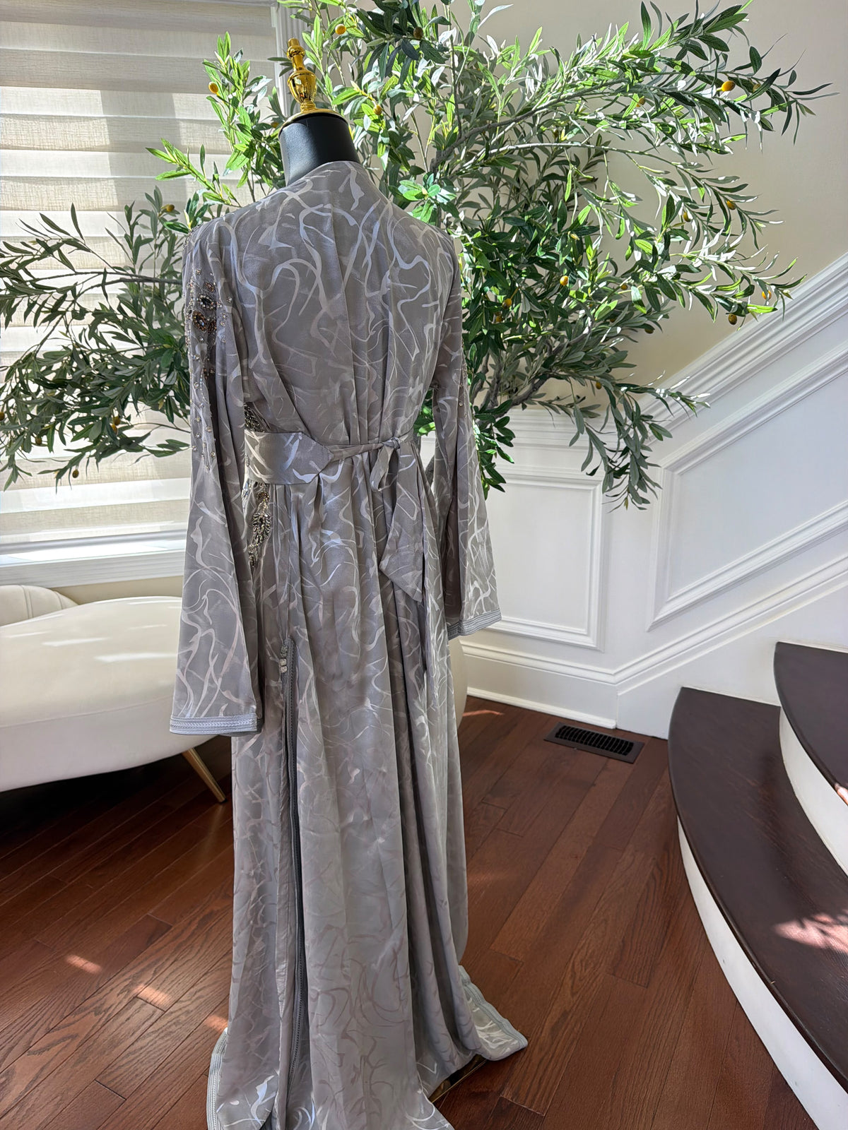 Elegant Silver Gray Embroidered Moroccan Kaftan