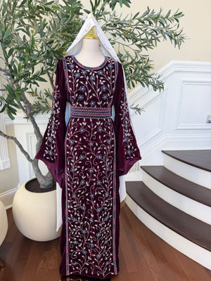 Elegant Burgundy Velvet Thobe with Blue and Silver Floral Embroidery (scarf not included)