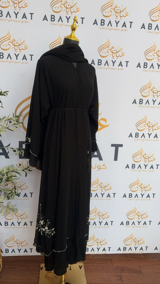 Black Nada Fabric Floral Peace Abaya