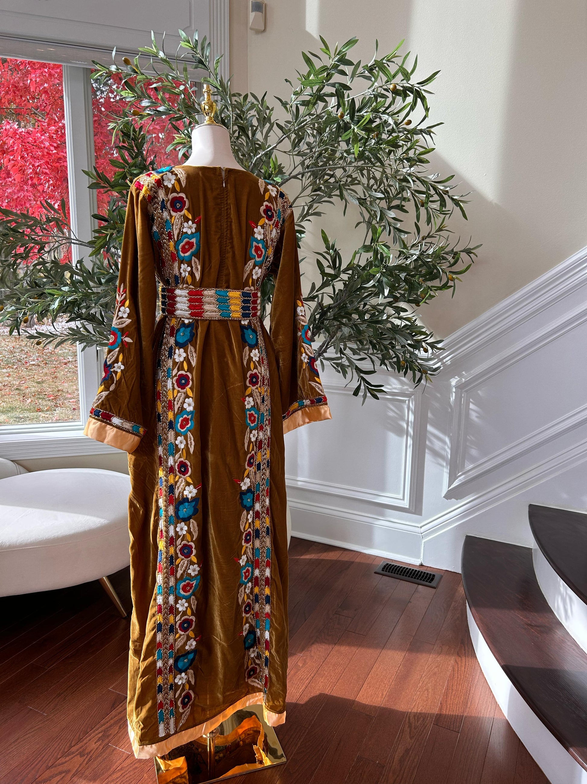 Golden Mustard Velvet Beaded Stone Thobe