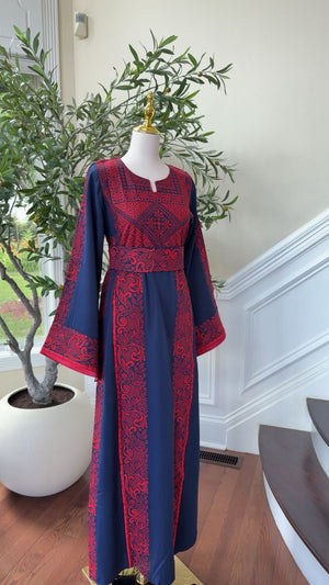 Navy Elegance with Traditional Red Embroidery Thobe