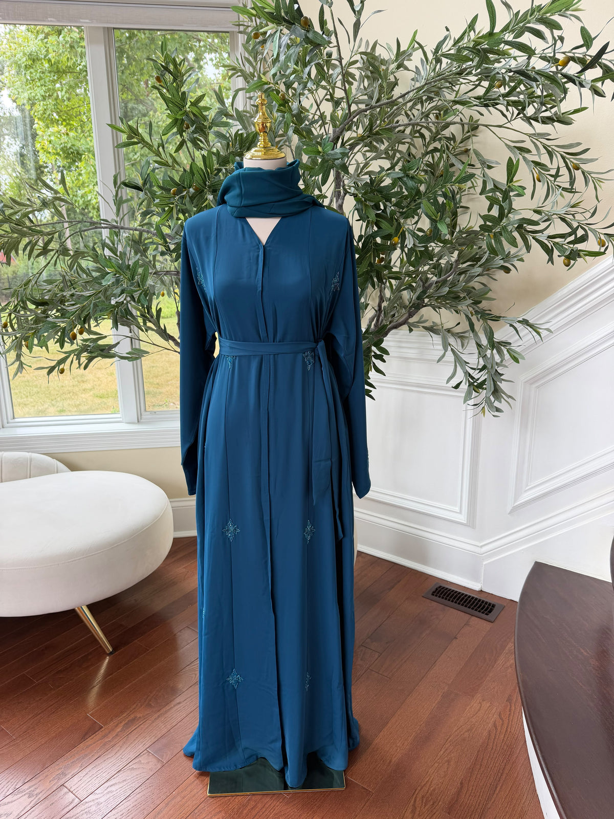 Turquoise Nada Fabric Charm Beaded Elegance Abaya