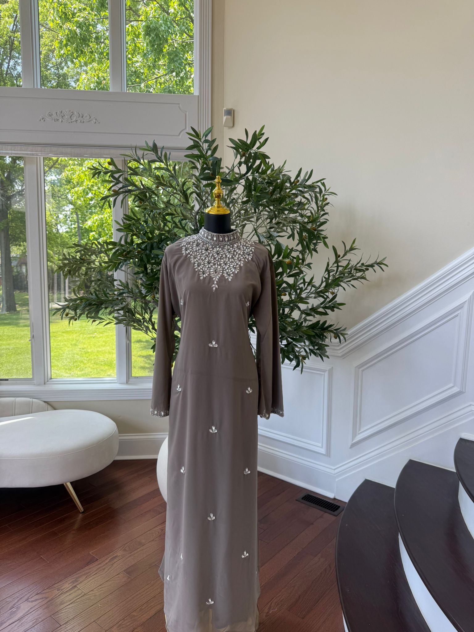 Taupe Gemstone Collar Maxi Dress