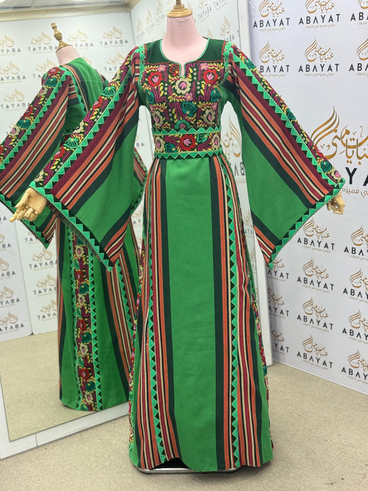 Vibrant Green Palestinian Thobe – Embroidered Tatreez Maxi Dress